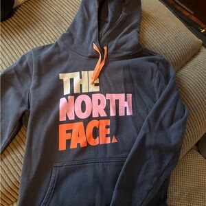 The North Face Men's Blue Hoodie with Pink and Orange Accents
